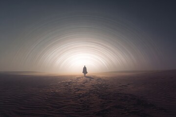 A lone figure stands in a desert at night, silhouetted before a bright glow with concentric star trails sweeping across the sky above the horizon.