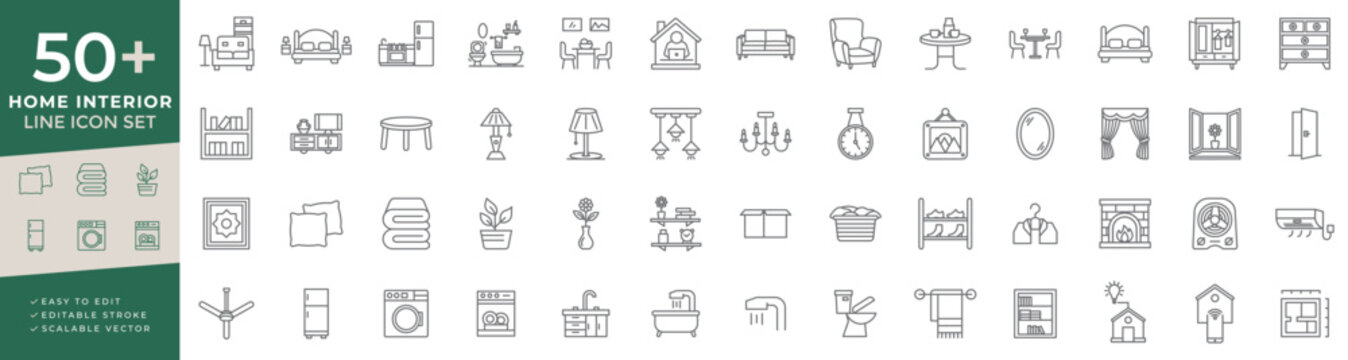 Home interior icon set featuring thin line vector icons for furniture, house decoration, room layout, apartment furnishing, indoor architecture, and living space design