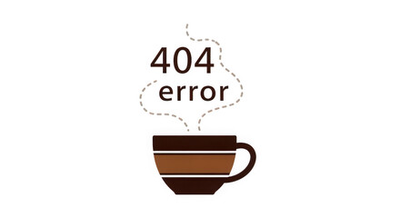 Obraz premium Brown coffee cup with 404 error message and steam rising web page not found concept transparent background