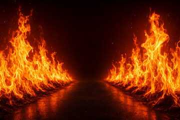Fototapeta premium Fiery Roadway with Flames Burning on Both Sides at Night
