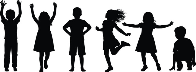 Obraz premium Happy children silhouette set showing playful kid poses isolated on white background childhood fun activity illustration stock design concept