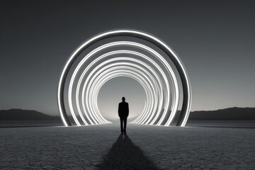 A lone man stands facing forward inside a tunnel of glowing rings in a dry desert at dusk under a gray sky.