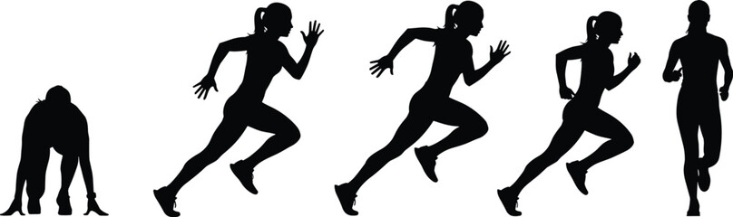 Female runner silhouette sequence showing sprint start acceleration and running motion isolated on white background fitness sport illustration stock design