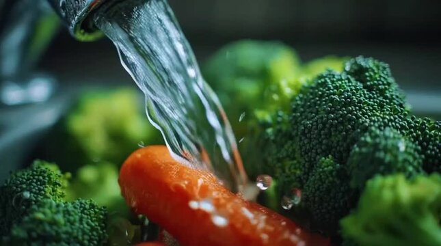 Washing fresh carrots and broccoli under a running tap for healthy eating