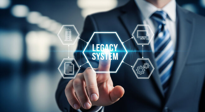 Businessman interacts with digital interface showing legacy system connection points.