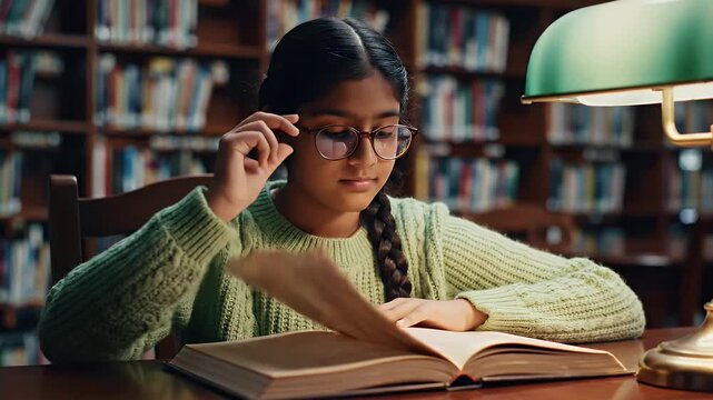 Young Girl Reading in a Library - A young girl sits at a library table, deeply engrossed in reading a book.