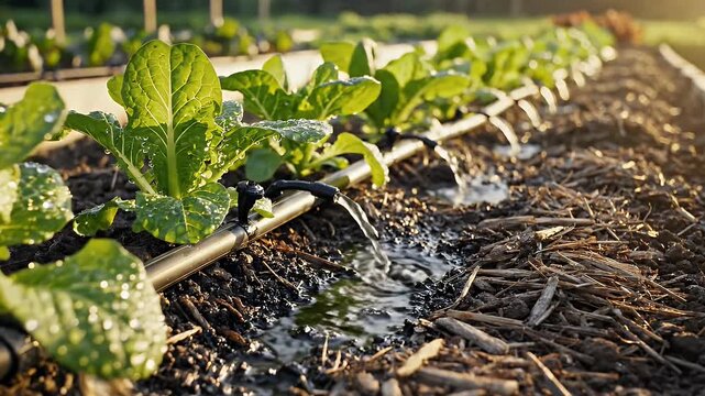 Drip Irrigation System in Vegetable Garden - The video shows a close-up of a drip irrigation system efficiently watering rows of leafy green vegetables.