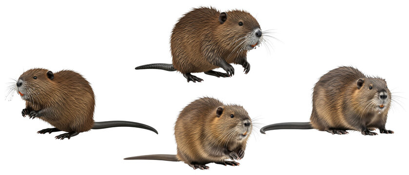 A collection of four large brown nutria rodents isolated on a white background.