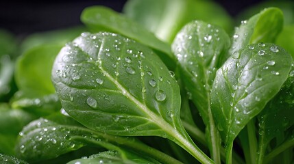 Fresh Greens Washed With Water Showing Closeup Textures and Details Captured in a Macro View
