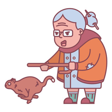 Grandma character chasing squirrel flat