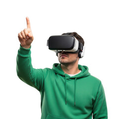 Person wearing virtual reality headset and giving a thumbs-up gesture