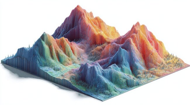 Colorful 3D topographic mountain terrain model.