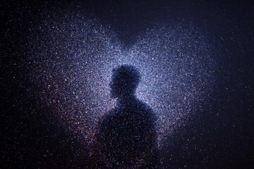 A lone person stands in shadow under a starry night sky with a circular glow of stars surrounding them, creating a cosmic silhouette.