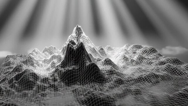 Abstract wireframe landscape with mountain peaks, creating a futuristic and technological background.