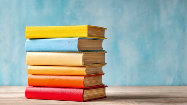 Colorful stack of books arranged neatly on a wooden surface against a blue background