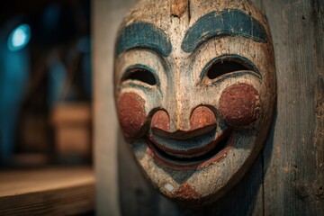 An old carved wooden mask smiles with blue eyebrows and red cheeks, mounted on a weathered wooden surface for a rustic display.
