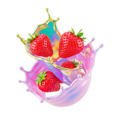 Vibrant strawberries in a splash of milk