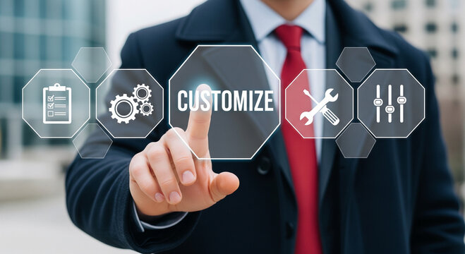 Businessman customizing options with digital interface and icons for business solutions