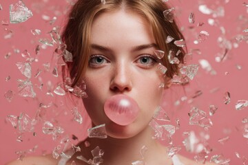 A young woman blows a pink gum bubble while clear glass shards float around her face against a pink background.