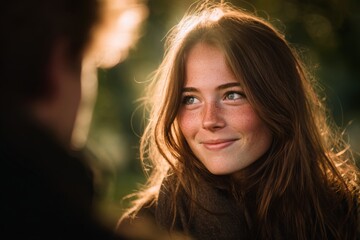 A young woman with long brown hair smiles softly as she looks toward a person beside her in warm golden sunlight.