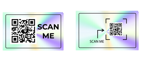 Scan me QR code sticker frames. Vector square borders with arrows and pictograms, holographic backgrounds for phone apps, online shops, and modern UI design.