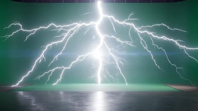 Dramatic lightning strike illuminates a vibrant green screen studio, creating a powerful visual.