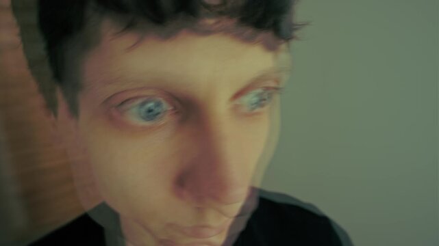 Man experiencing disorientation and hallucinations from drug intoxication, walking confused and losing control, psychiatric episode with visual distortion, anxiety and altered perception