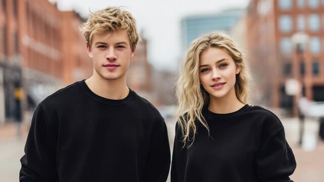 Happy young Caucasian couple in black sweatshirts smiling together outdoors, beautiful man and woman portrait in casual urban setting, romantic or friendship lifestyle concept.