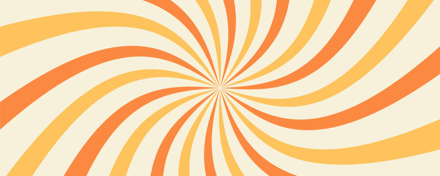 Swirling radial ice cream background. Orange groovy vortex spiral twirl. Twirl sunburst psychedelic pattern. Orange lollipop texture. Swirl candy background. Vector illustration.