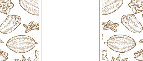 Tropical fruit carambola frame for wrapping design. Star fruit outline sketch background isolated.