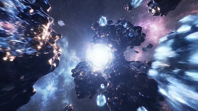 Abstract Space Journey Through Asteroid Field - A mesmerizing view of an abstract space scene featuring a cluster of glowing asteroids and celestial bodies.