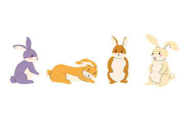 Cute rabbits isolated on white. Easter or spring animals set. Cartoon flat illustration.