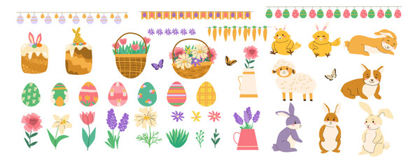 Vector Happy Easter and Spring elements set. Easter eggs, Spring flowers, chickens and rabbits, water cane, lamb and bunting flags.