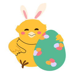 Cute cartoon chick with easter bunny ears and egg. Vector illustration isolated on white.
