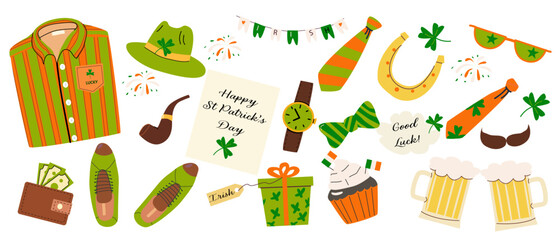 Vector set of St. Patrick Day holiday. Irish supplies and design elements set. Cartoon clothes, shoes, beer mugs. Festive Collection for Patrick's Day. Vector icons isolated on white.