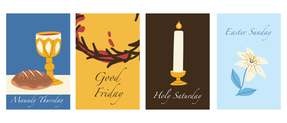 Holy Week and Easter greeting cards with Jesus crown of thorns, wine and bread, and lily. Spiritual flat vector illustrations about faith, prayer and resurrection.