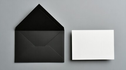 Black envelope with a blank white invitation card on a gray background