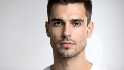 Fototapeta premium Retrato masculino minimalista con expresión segura y estética limpia sobre fondo neutro