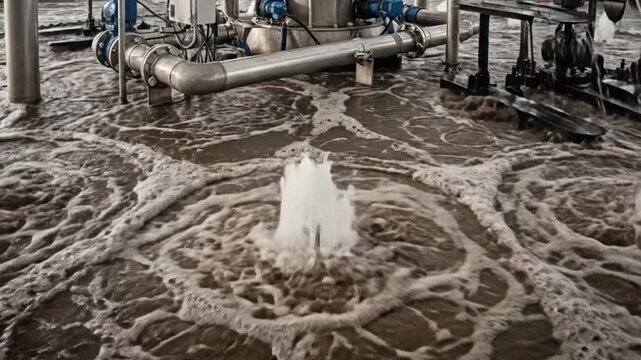 Industrial water treatment facility featuring circular tanks and aeration systems for wastewater purification.