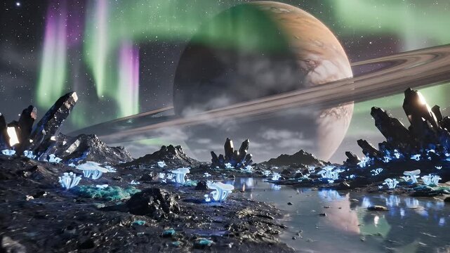 Alien Planet Landscape with Aurora - A beautiful alien planet landscape featuring a distant ringed planet in the sky and a vibrant aurora display.