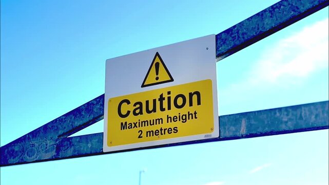 caution max height 2 metres road warning yellow sign entrance for large vehicles