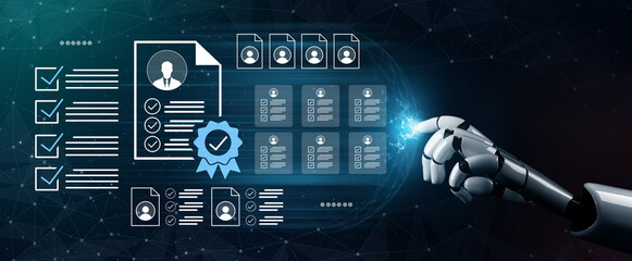 Obraz na płótnie Canvas A robotic hand engages with digital data and documents, illustrating concepts of automation, artificial intelligence, and cybersecurity in a modern workspace setting. Gantry
