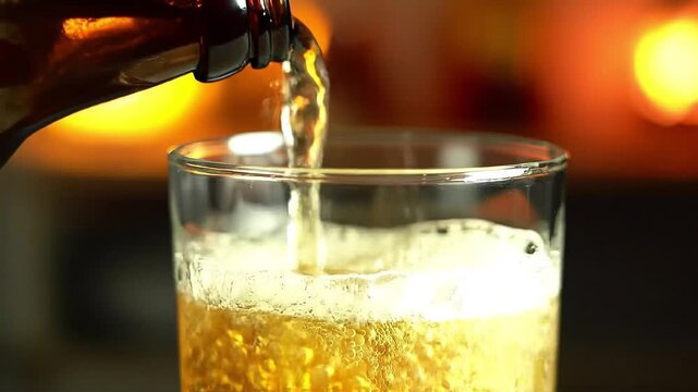 Close-up of golden beer poured into crystal glass in cozy bar at night