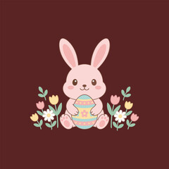 Obraz premium Cute Easter Bunny with Easter Egg Sitting Amongst Spring Flowers and Foliage vector illustration.