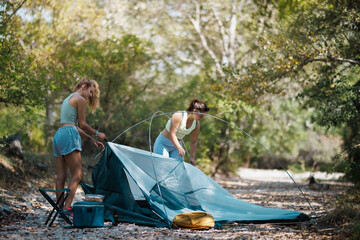 Naklejka premium Two friends setting up a camping tent on a forest trail under trees during a sunny day in late spring or early summer