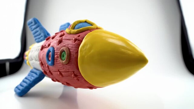 Handmade Colorful Clay Rocket Ship with Red Body Blue Fins and Yellow Nose Cone Studio Shot