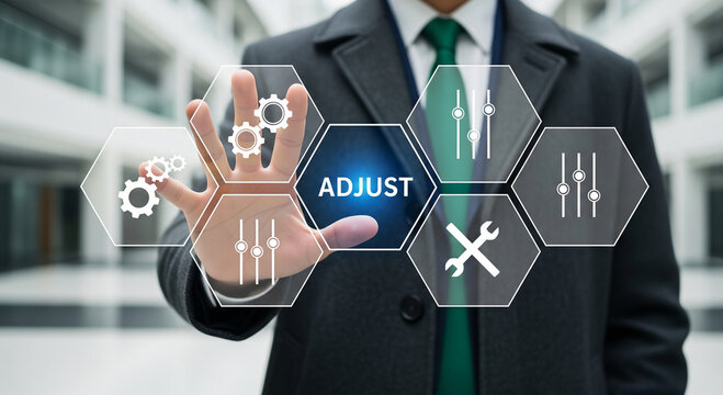 Adjust business process automation concept, businessman interacting with digital interface icons, optimization and management control system