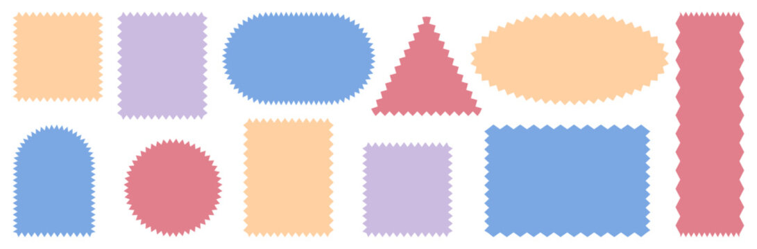 Colorful zigzag geometric shapes set. Playful pastel scalloped shapes including rectangles, ovals, circles, arches and triangle forms. Vector illustration.