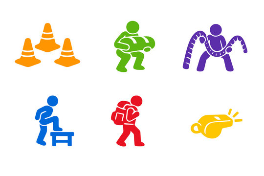 Outdoor functional training and bootcamp icon set with six single-color vector icons. Ideal for fitness apps, military style workouts, and modern UI design.