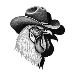 rooster wearing a cowboy hat portrait illustration in retro halftone stipple effect style © Satoru Sketches